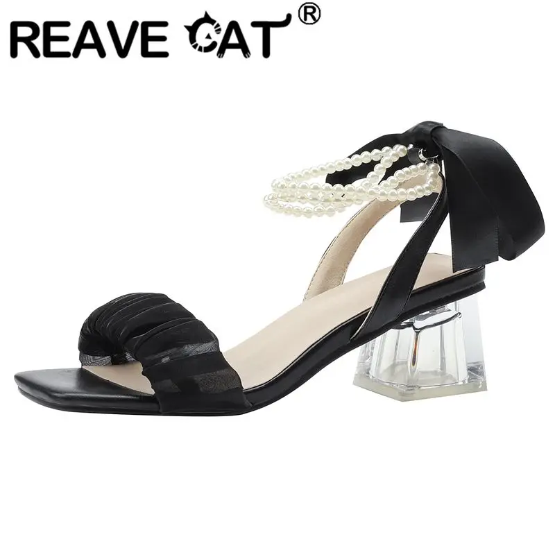 

Женские босоножки на шнуровке REAVE CAT, элегантные однотонные повседневные босоножки больших размеров 32-43 с квадратным носком и бусинами на среднем каблуке, черный и бежевый цвета, 2022