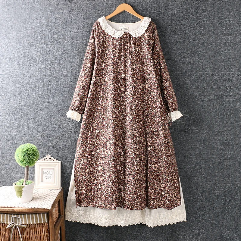 

Japanese Style Medi Dress 2023 New Summer Artistic Hipster Ruffled Floral Dress Cotton and Linen Loose Long Sleeve Dress Female