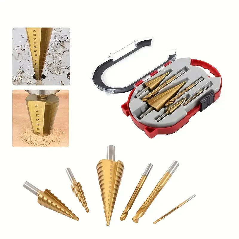

6PCS Hss Step Drill Bit Saw Drill Bit Set Cone Hole Cutter Taper Metric Titanium Coated Woodworking Tools Metal Core Hole Opener