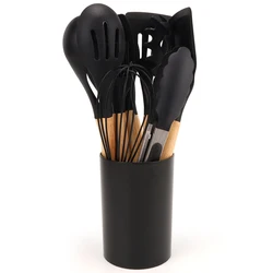12-Piece Silicone Kitchen Utensil Set with Non-Stick Wood Handles and Storage Bucket (Black)