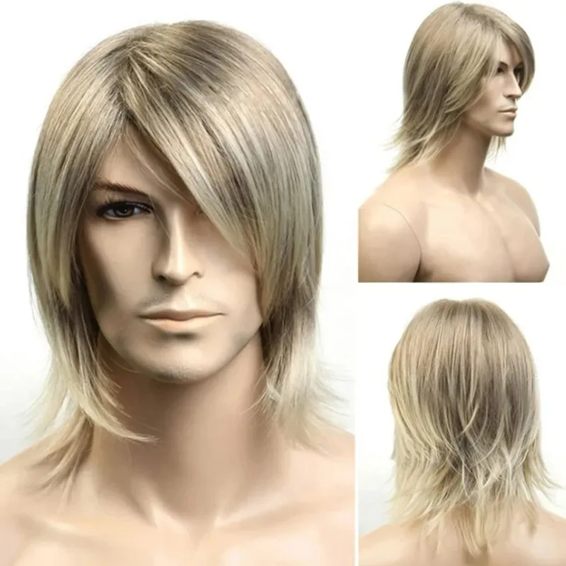 

Long Omber Blonde Straight Wig Synthetic Wig With Side Part Bangs Heat Resistant Fiber For Men Daily Party Cosplay Use
