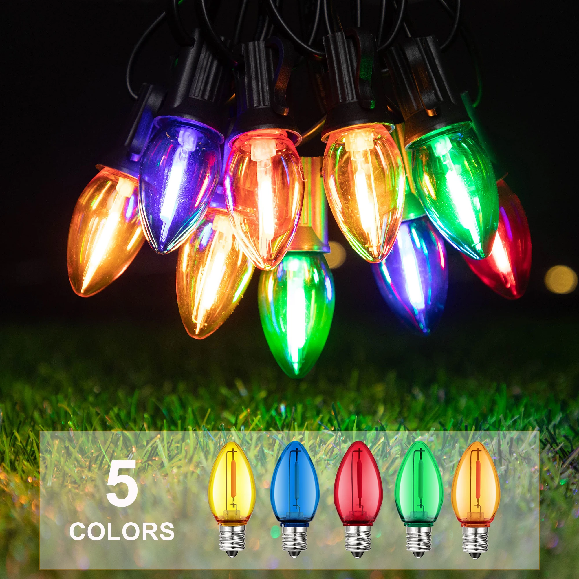 50Pcs C7 Led 야외 문자열 조명 전구 교체 1W 여러 가지 빛깔의 비산 방지 플라스틱 E12 Candelabra 자료 뒷마당 파티