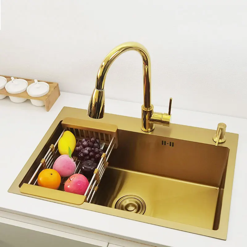 Gold kitchen sink Single Sink Bowl SUS304 Stainless Steel Kitchen Towel Basket Strainer Golden  Washing Basin Kitchen Sinks 2
