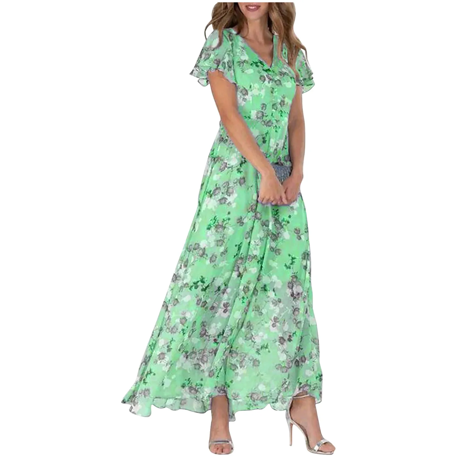 

Summer Dress Women'S Swing Long Dress Chiffon Floral Short Sleeve Ruffle V Neck Fashion Waist Flowy Dress 2024 Robes Longues