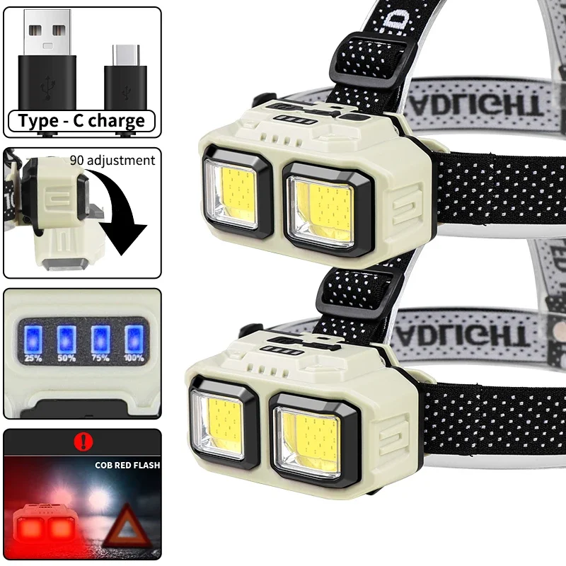 Head Flashlight Cob Headlamp Powerful LED Headlamps 18650 Rechargeable Battery Headlight Dual Light Source Head Torch Outdoor Waterproof Camping Lantern