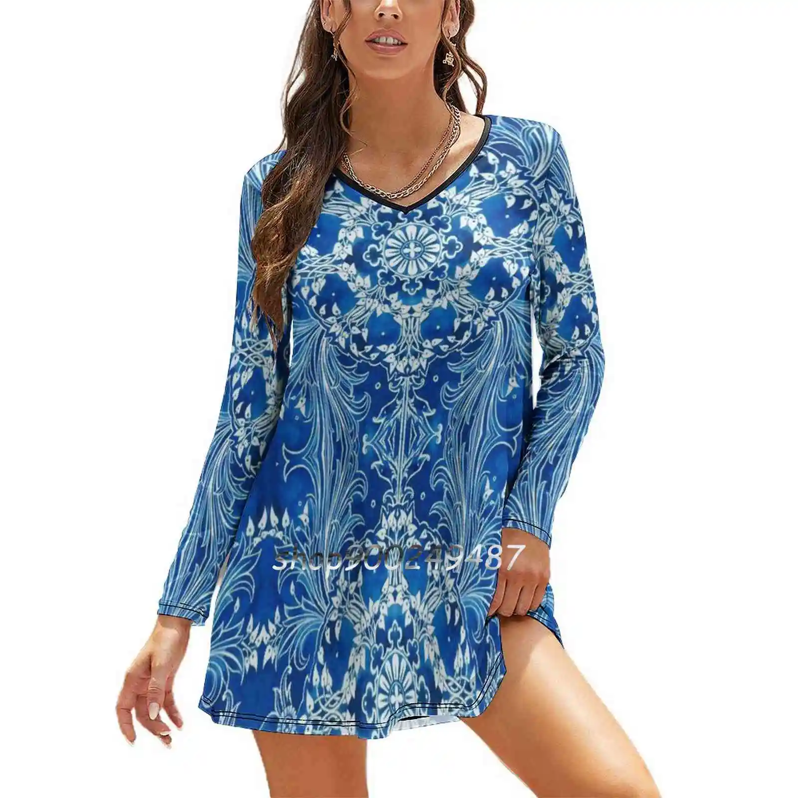 

- Bright Blue - Dresses For Women A-Line Korea Style Slim Long Sleeve Dress Watercolor Blue Foliage Ornament Line Modern