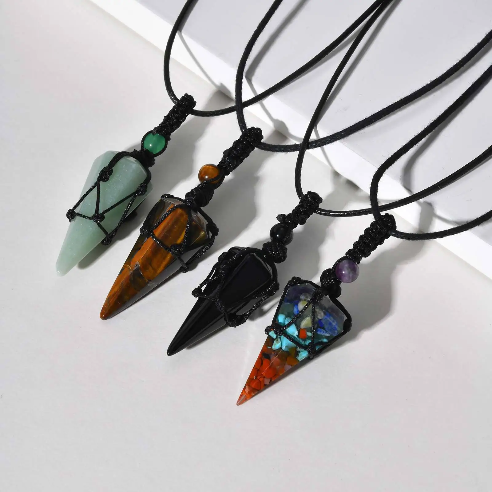 Natural Stone Pointed Necklace for Men,Adjustable Black Rope Healing Gemstone Pendant,Stylish Ethnic Cowboy Style Jewelry Gift