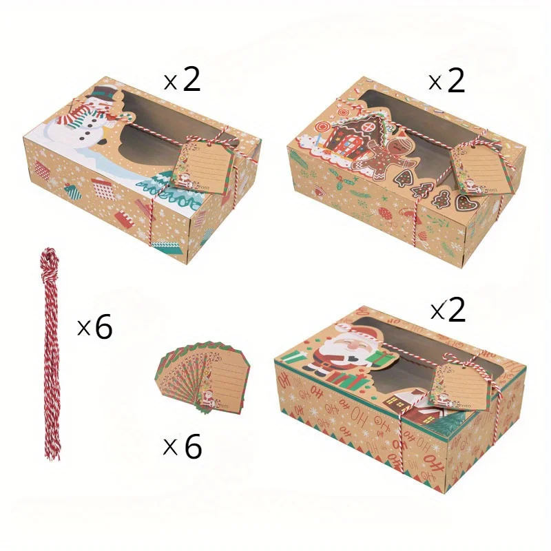 18pcs/set(6Boxes+6Ropes+6Labels) Christmas Biscuit Gift Box with Window Kraft Paper Candy Container Christmas Gift Box Packaging