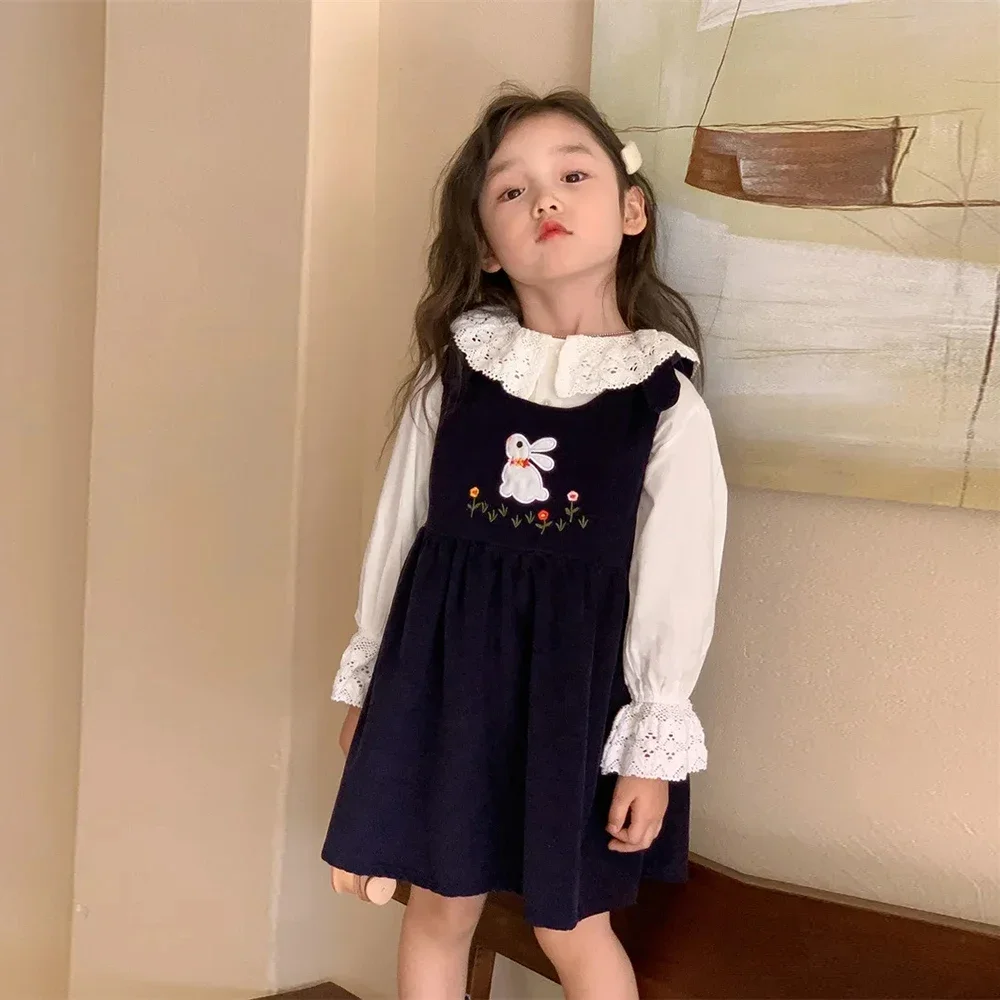 

Baby Girl Autumn Dresses Kids Korean Clothes White T-Shirt Top+ Rabbit Embroidery Sleeveless Vest Navy Blue Dress Outfit for Eid