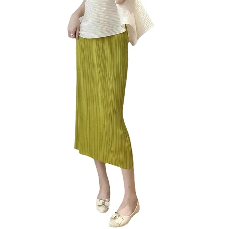 Miyake Style Pleated Skirt 2024 New Green Pleated Skirt Women's Slit Elastic Small High Waist Slim Skirt