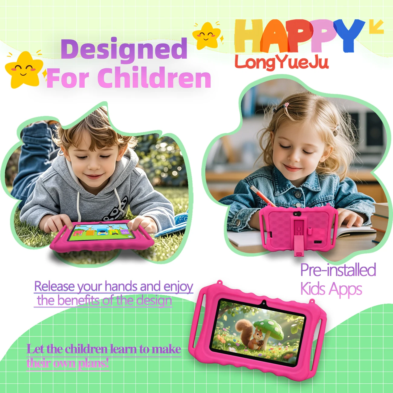 새로운 어린이용 태블릿 7인치 안드로이드 12 2GB 램 32GB 롬 1024 x 600 IPS HD 화면 와이파이 블루투스 듀얼 카메라 학부모 관리 기능