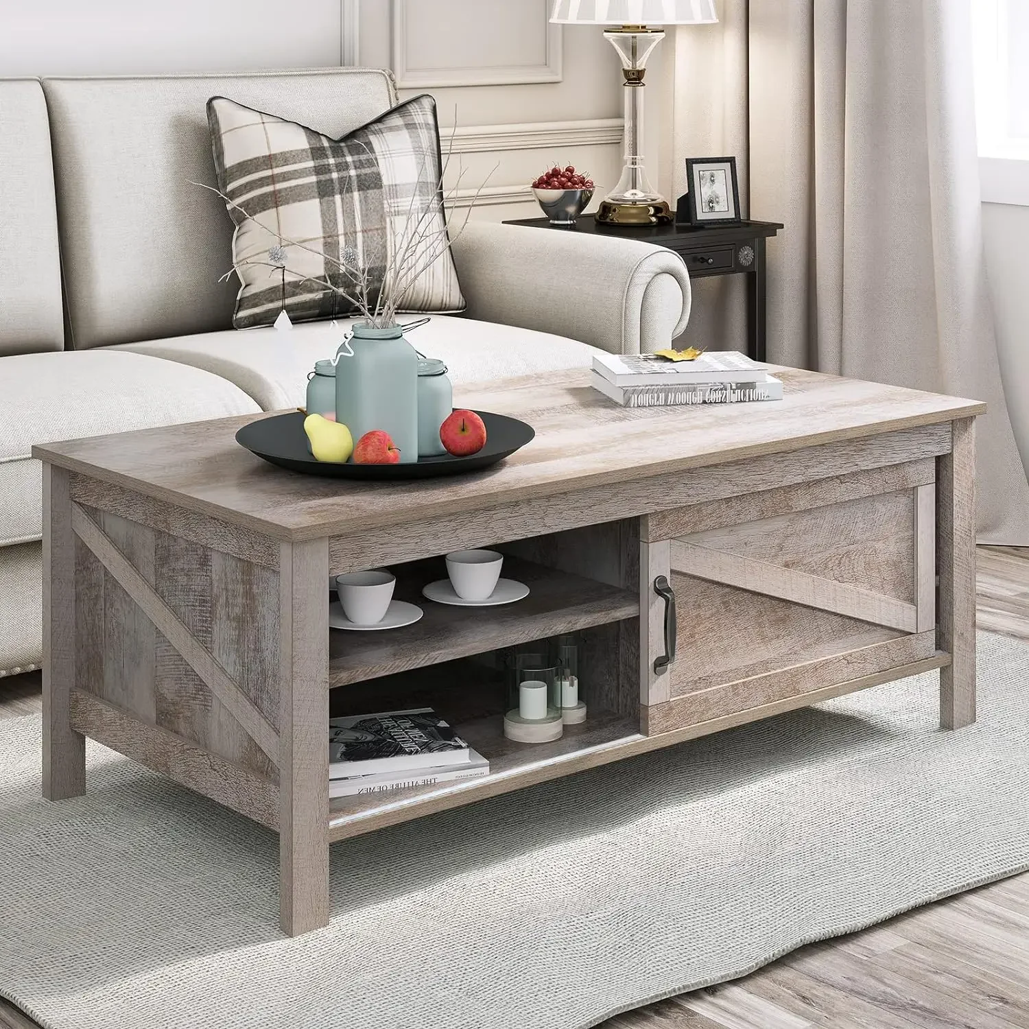 

Coffee Table with Storage & Sliding Barn Doors,Farmhouse Coffee Tables for Living Room with Adjustable Shelves,Wood Living Room