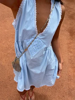 Women s Sleeveless Floral Print Mini Dress with Deep V Neckline and Eyelet Detailing - Perfect for Summer Beach Days 4