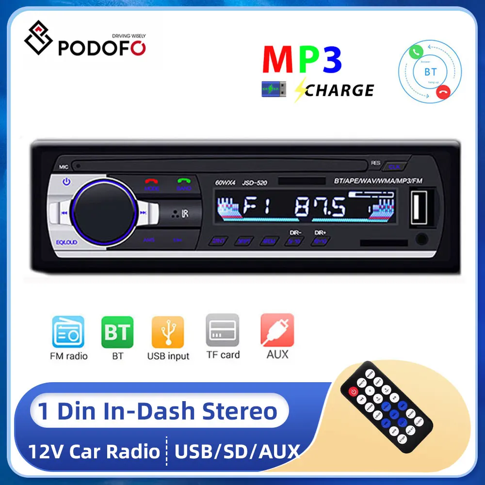 Podofo 1Din Jsd520 Lettore Mp3 Autoradio Bluetooth Telecomando Stereo Audio Digitale Musica Stereo 12V Autoradio Lettore Mp3
