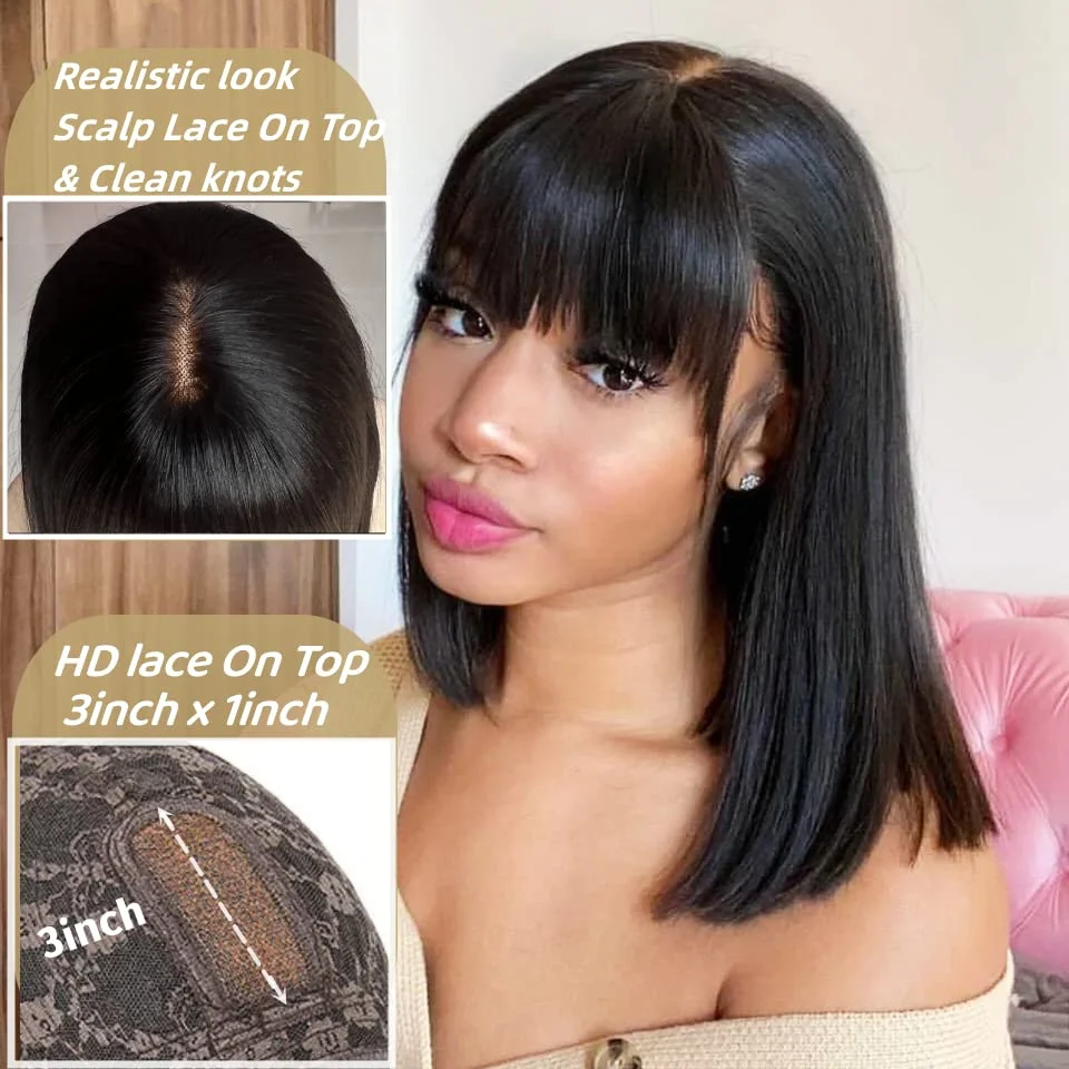 Middle Part 3X1 Hd Lace Wig Bone Straight Human Hair Wigs With Bangs Short Bob Glueless Human Hair Wigs for Black Women