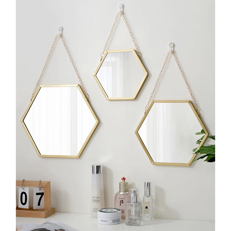 Hexagon Shape Decorative Mirror Wall Decor Makeup Hanging Mirror Bathroom Cosmetic Mirror Bedroom Room Wall Decoration