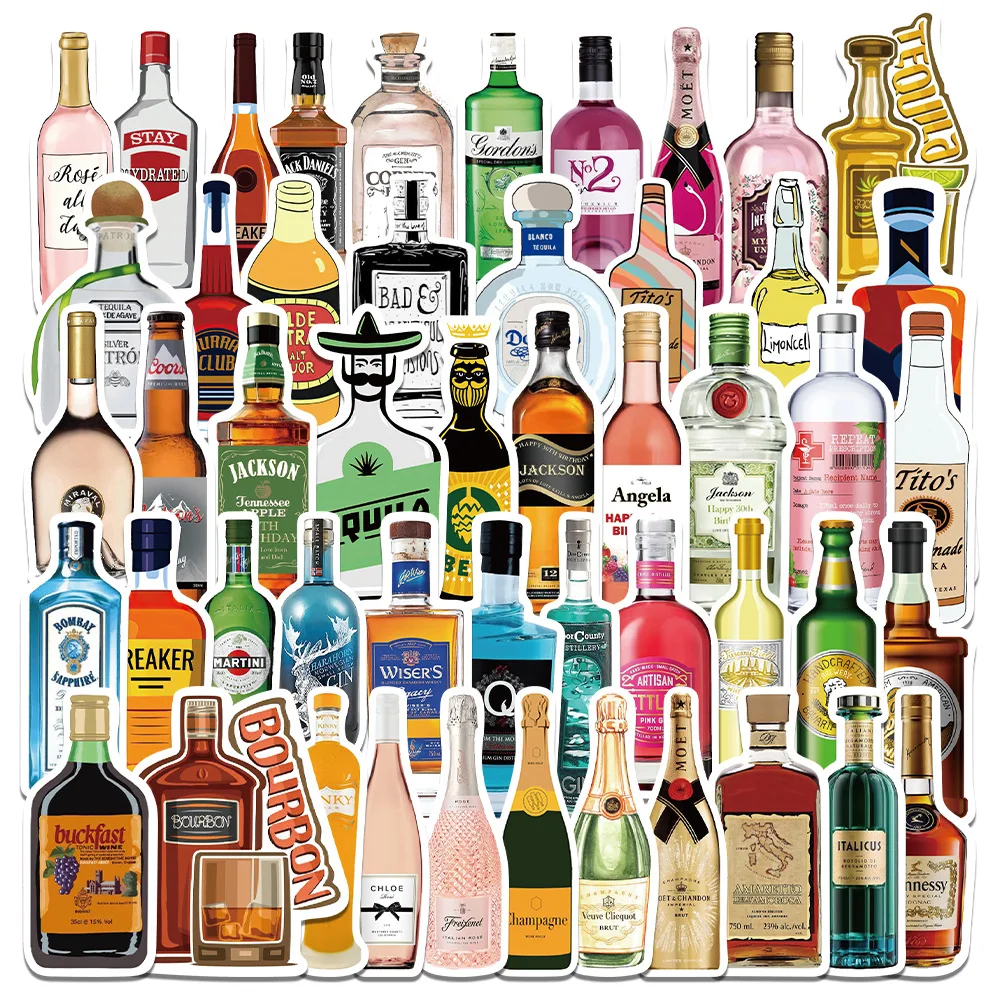 10/30/50Pcs Wine Bottle Waterproof Graffiti Decorative Stickers