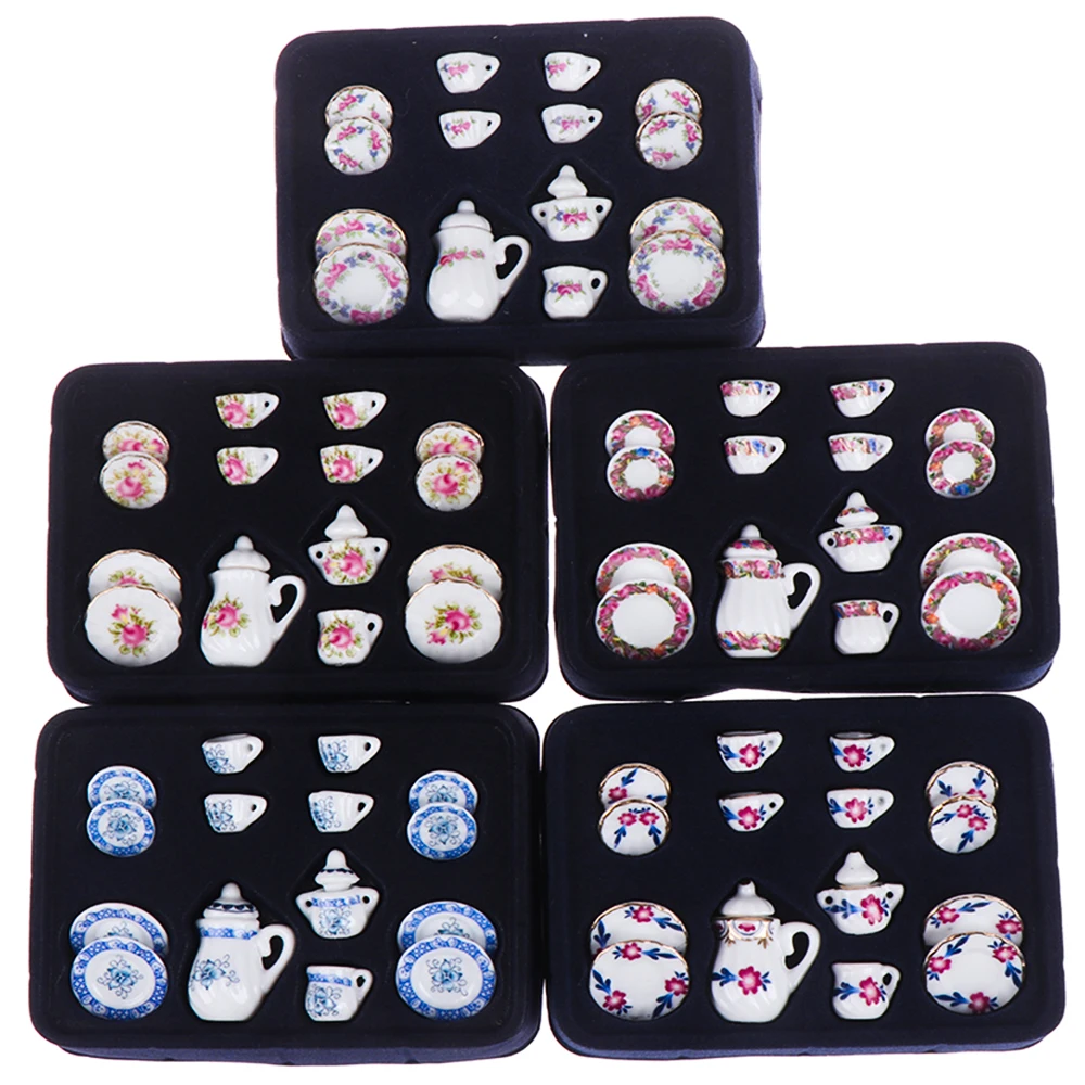 15Pcs/set Teapots Tea Game Model Miniature Dollhouse Furniture Porcelain Cups Flower Tableware Kitchen Chinese style Girls Toys 2