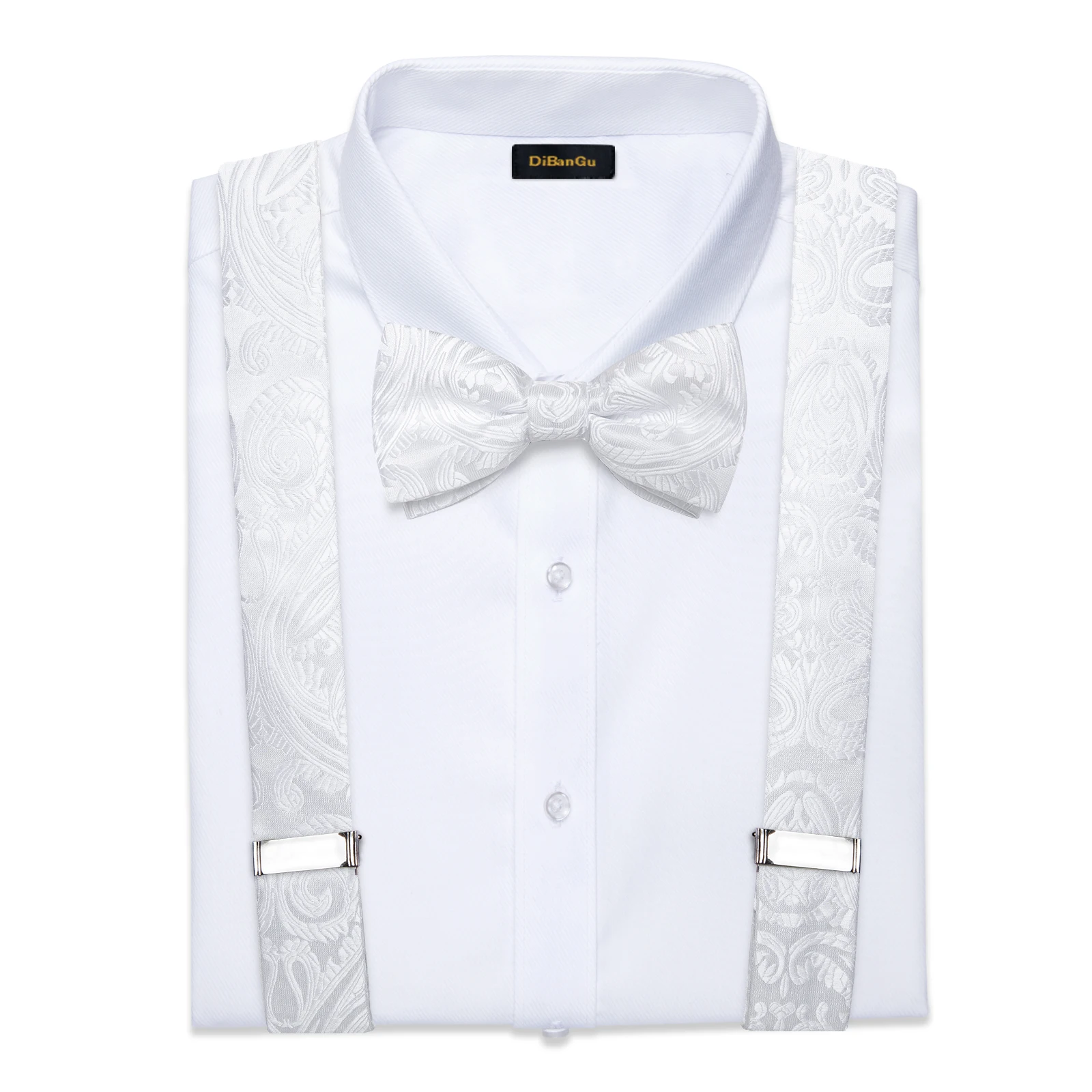 Luxury White Men's Suspenders Adjustable 6 Clips Braces DiBanGu Leather Metal Pre-Tied Bow Tie Brooch Pocket Square Set
