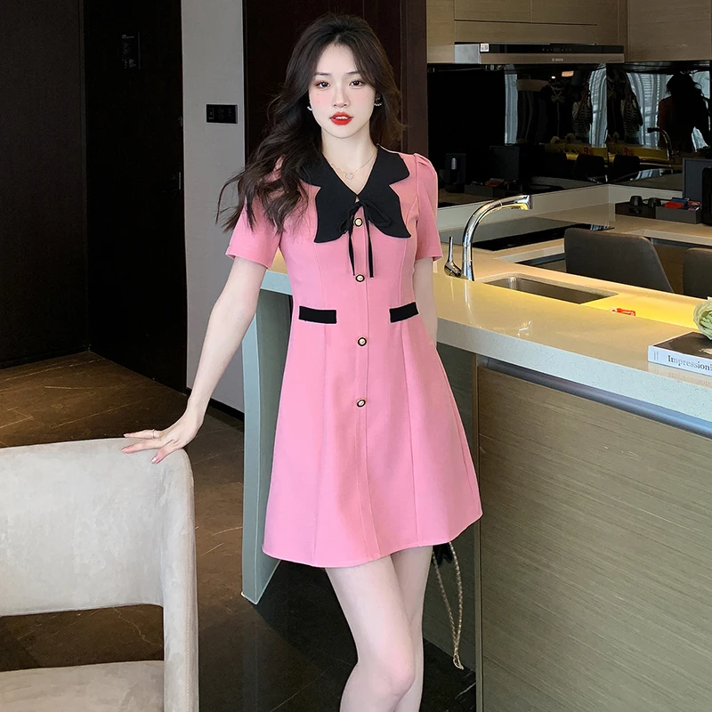 Runway Women Short Sleeve Stitching Tweed Dress New Summer Fashion Sweet  Bow Pink Black Tweed Dress Vestidos 2023 - AliExpress