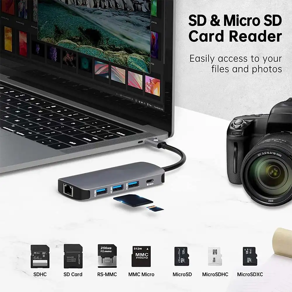 CŸ ŷ ̼, SD/TF ī  , ƼƮ  й , USB 3.0*3 PD100W USB-C, 4K @ 60Hz RJ45, 8 in 1