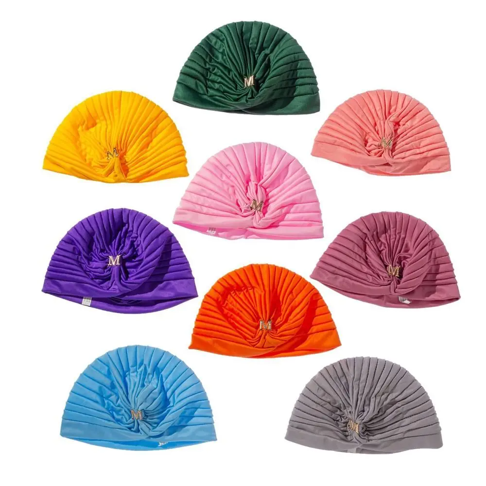 

Hair Loss Pleated Turban Hat Fashion With M Lettering Muslim Head Wrap Bandana Chemo Cap Women Ladies
