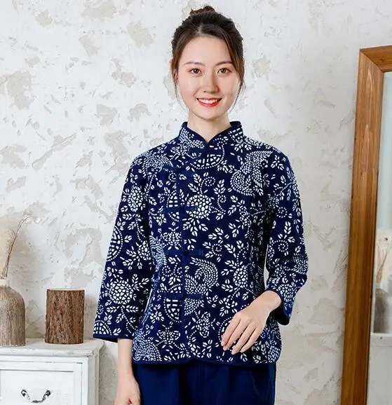 

Chinese Tradition Shirt Women Vintage Spring Blouse Blue Print Restaurant Work Tops