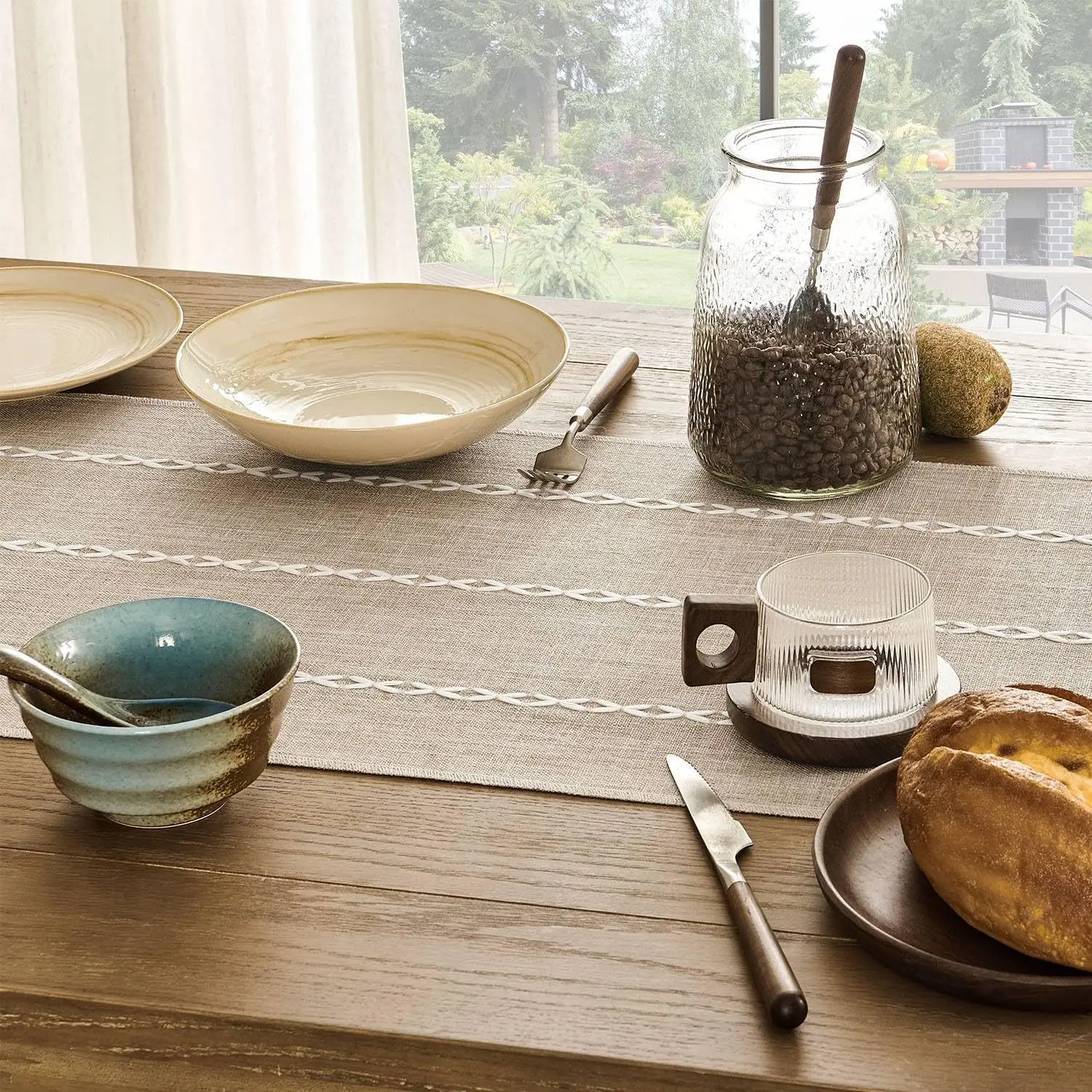 Rustic Linen Table Runner Farmhouse Style Table Runners Long Embroidered Table Runner with Hand-tassels for Party 6