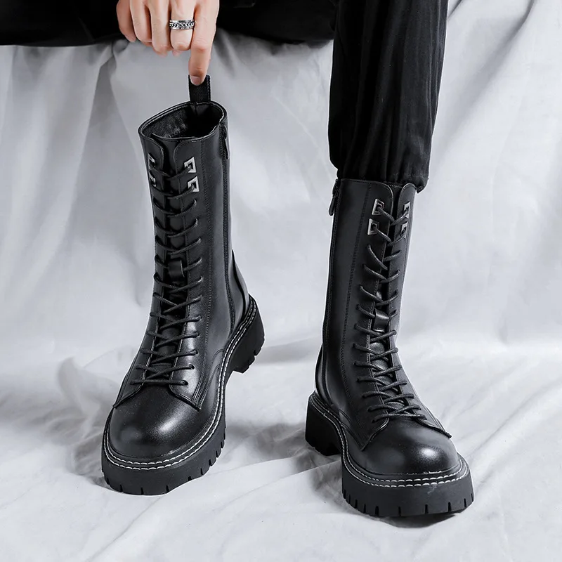 

mens fashion high knight boots lace-up natural leather shoes party nightclub dress platform motorcycle boot handsome long botas