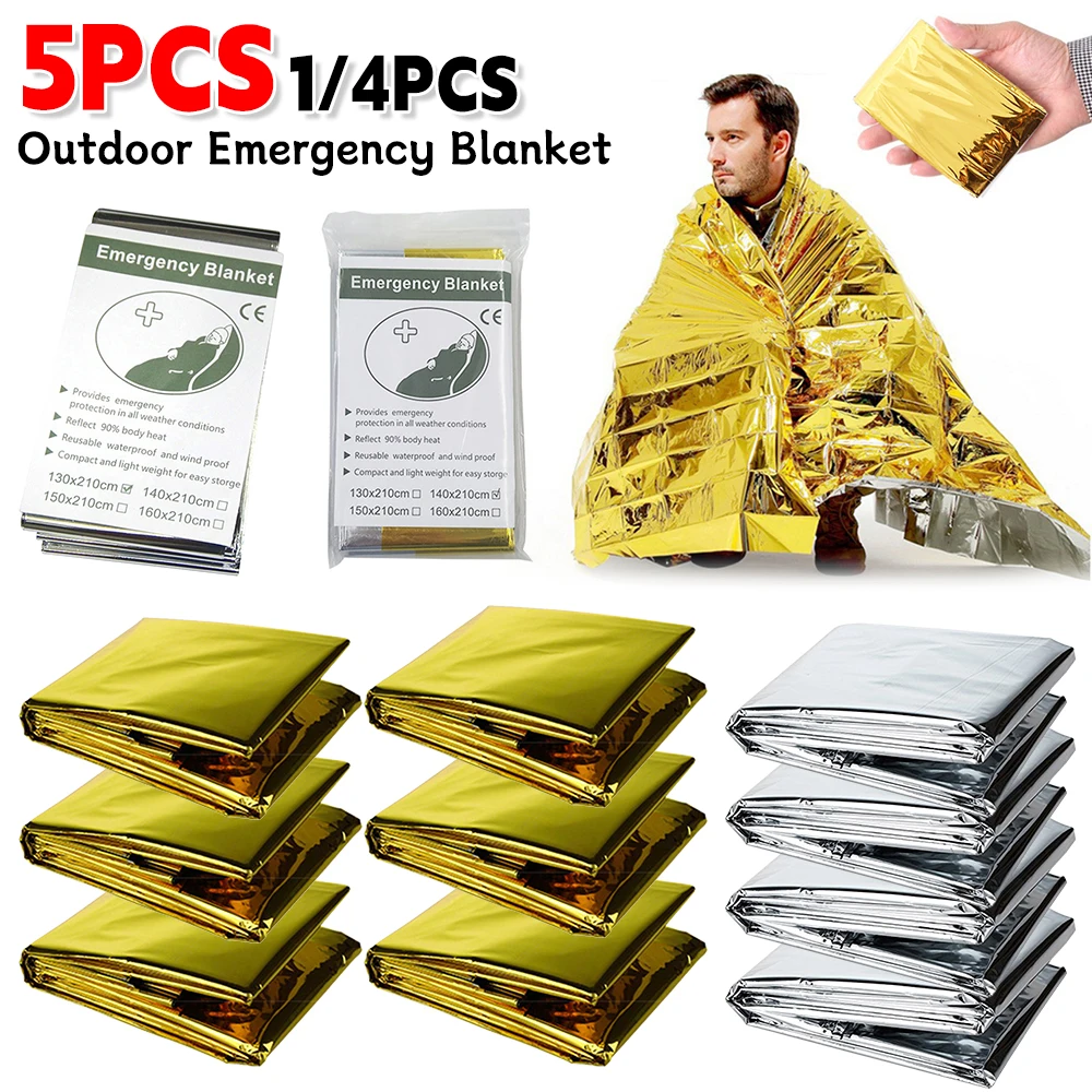 Outdoor Emergency Blanket Survival First Aid Rescue Kit Waterproof Foil Thermal Blanket Insulation Hot for Camping 5Pcs