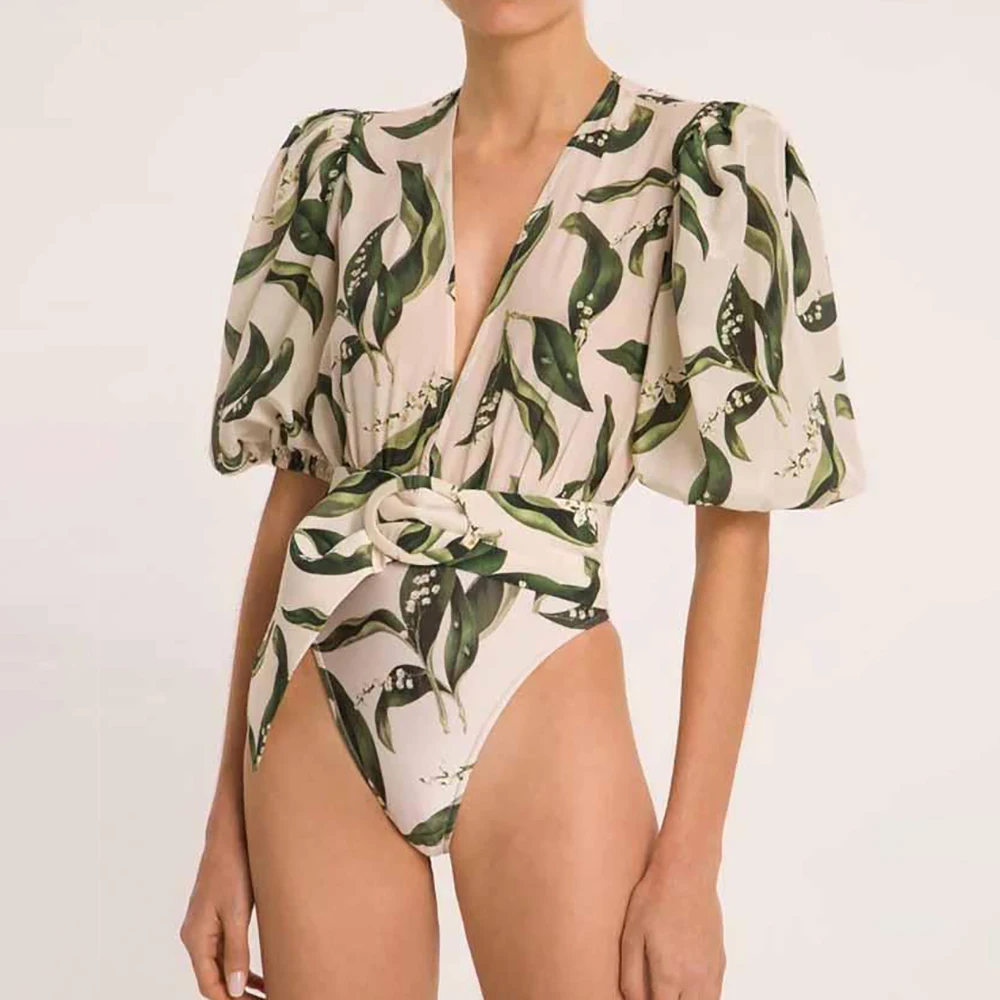 

Printed Puff Sleeve One Piece Swimsuit Deep V High Waist Bikini Slim Fit Sexy Thong Elegant Beachwear 2022 Fashion