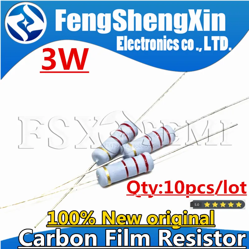 3W 5% Carbon Film Resistor 10pcs 0.1R ~ 2.2M 1 2.2R 10R 22R 47R 51R 100R 150R 470R 1K 4.7K 10K 47K 1 2.2 10 22 47 51 100 150 470 carbon film resistor