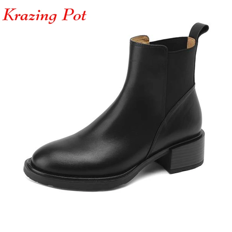 

Krazing Pot Cow Leather Round Toe Winter Office Lady Chelsea Boots Med Heels Solid British School Slip On Platform Ankle Boots