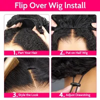 Perruques sans colle 300% en cheveux humains, style afro bouclé, avec bandeau, version améliorée 3 en 1, demi-perruque avec cordon de serrage, clips sans couture, à porter sur le côté 3