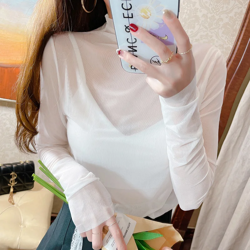 Summer Women Golf Sunscreen Long sleeves ultra-thin ice silk bottoming shirt round neck turtleneck top