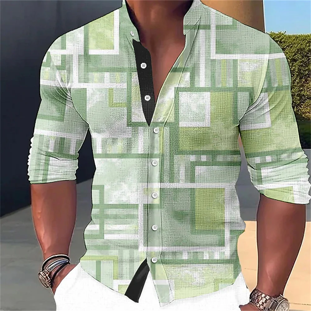 Men's New Stand up Collar Solid Color Shirt Square Pattern Printed Button Long sleeved Shirt Street Outdoor Casual Men's Top