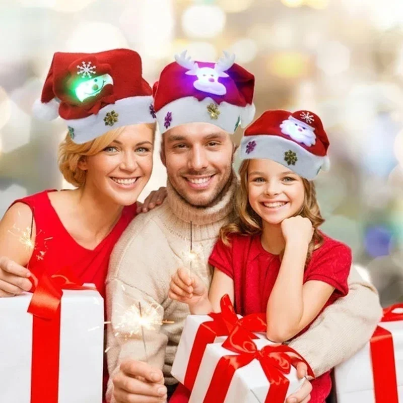 LED Christmas Hats Light Up Cap Santa Claus Hat Snowman Elk Xmas Hat for Adult Kids New Year Festive Holiday Party Supplies