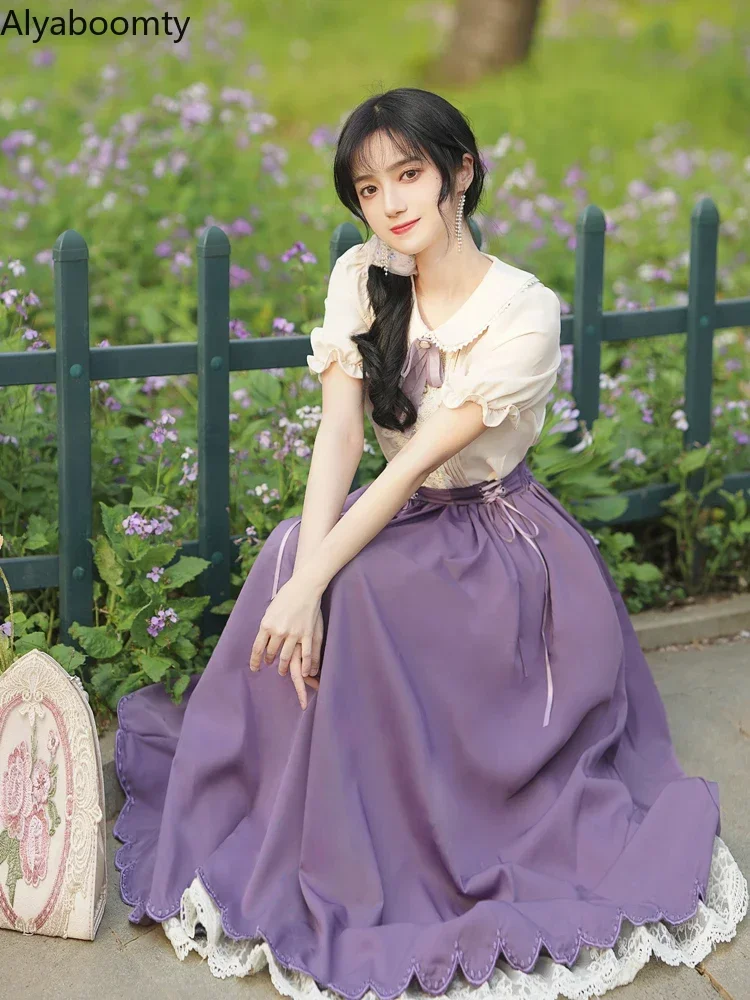 7 Colors Summer Women Mori Girl 2 Pcs Set Peter Pan Collar Bow 