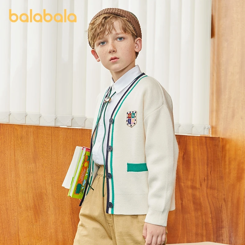 Balabala-Cardigan à doublure de style preppy pour garçon et fille, pull à fond, manteau unisexe pour tout-petit, printemps 2023