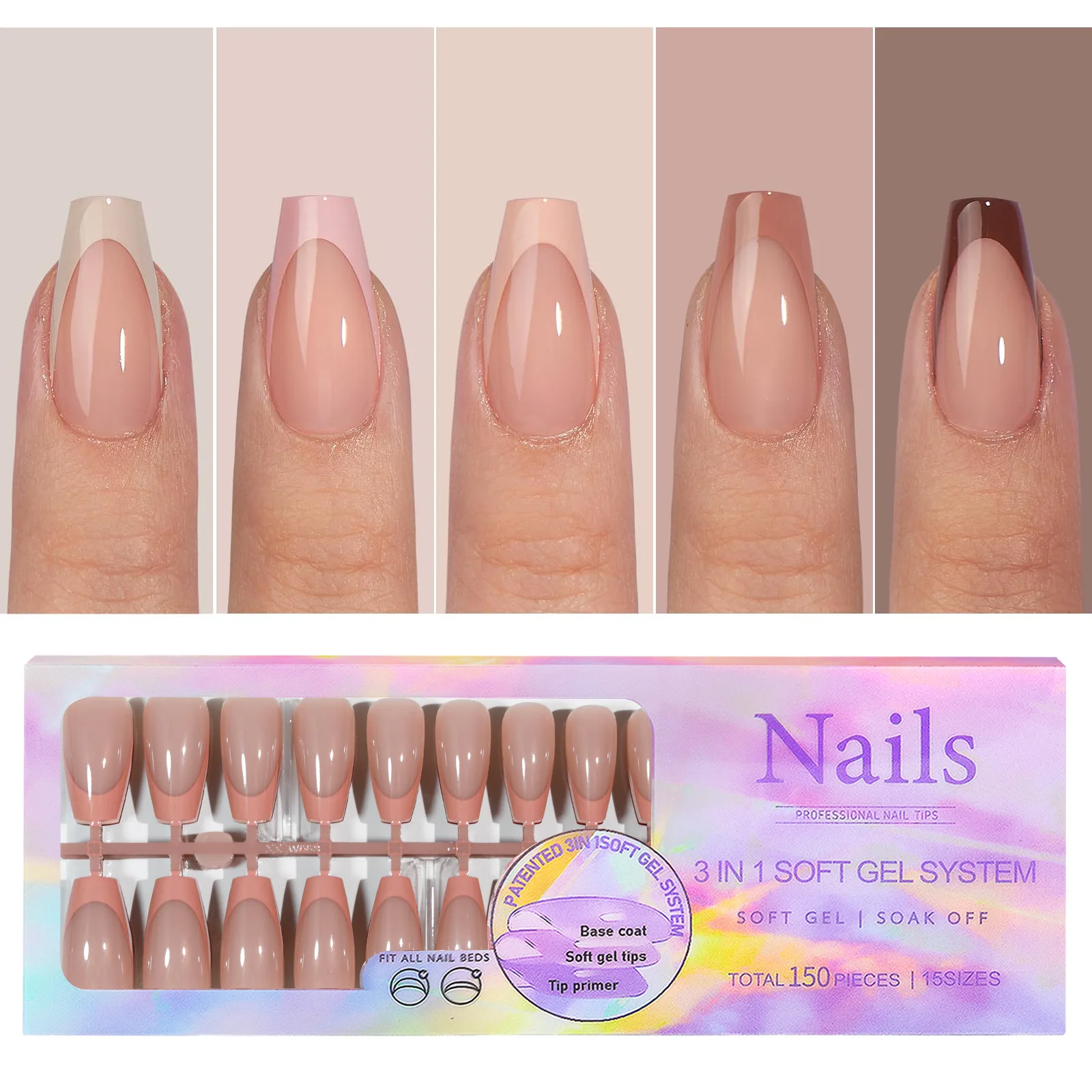 150pcs Multi-size False Nail Press On Acrylic Nails Almond French Wearing Armor Removable Convenient 6 Colors Fake Nail