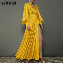 

VONDA Vintage Party Dress Women Belted Bohemian Vestido Spring Long Sleeve High Slit Pleated Maxi Robe Sexy Deep V Neck Sundress