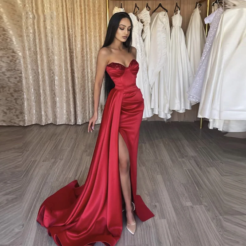 

SoDigne Red Mermaid Long Prom Dresses Sweatheart Beads Side Slit Party Evening Gowns Simple Women Formal Long Dress