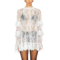 Hirigin femmes dentelle robe transparente Sexy voir à travers maille à manches longues col haut Floral couvrir Cocktail fête Mini robes 3