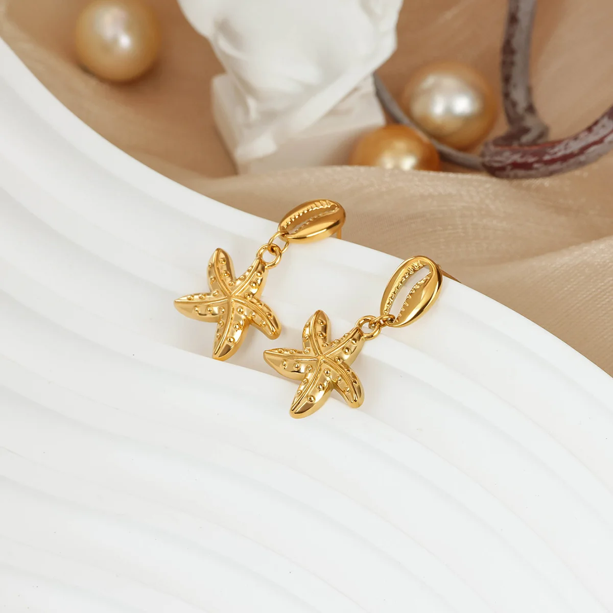 Starfish Earrings Gold Color Stainless Steel Ocean Shell Waterproof