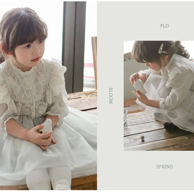 New Spring Baby Long Puff Sleeves Dress 2-11Y Child Girls Lace Turn-down Collar Princess Dresses Children Mesh Dress CL540 baby dresses