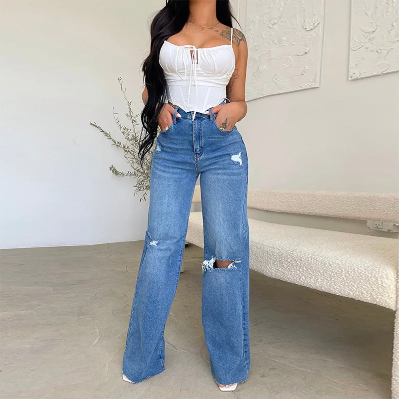2023 Fall New Women's High Waist Ripped Jeans Fashion Loose Denim Wide Leg Pants Casual Female Trousers S-2XL Drop Shipping 6