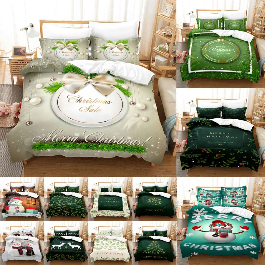 Merry Christmas Green Snow Man 2023 Kids Quilt Durex Full King Size3Pcs Copripiumino Biancheria Da Letto Set Bedspread200X200 240 X220