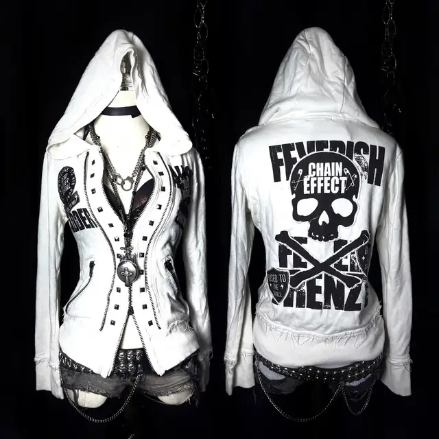 Y2K Gothic Emo Slim Fit Sweatshirt Rivet Zipper Hoodie Harajuku   Vintage Skull Graphic Print White Womens Autumn Winter Jacket 1