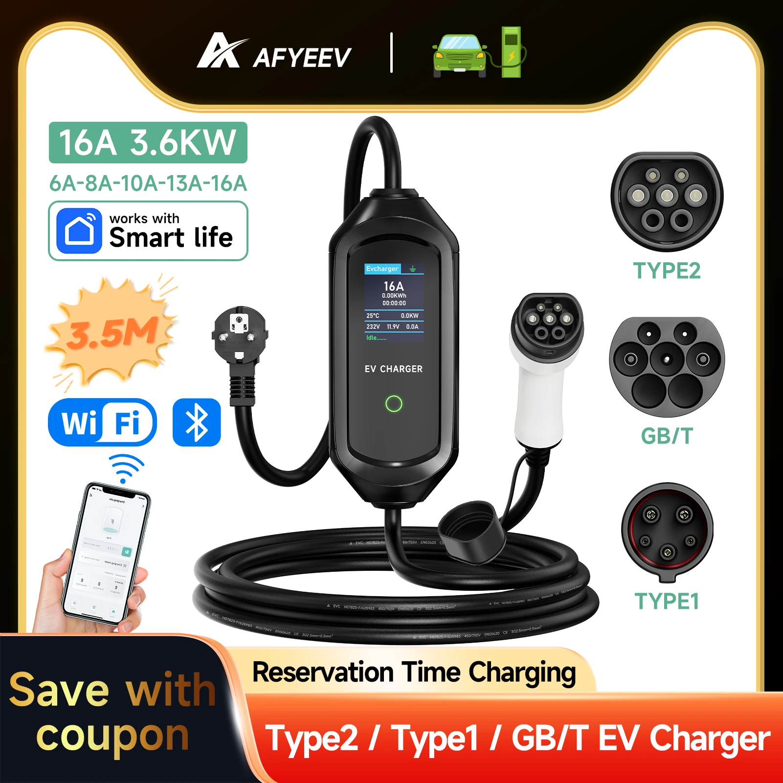 

AFYEEV 3600W Portable Type2 IEC62196-2 EV Charger Type1 SAE J1772 Electric Car Charger GBT EVSE Charging Cable Wallbox EU Plug