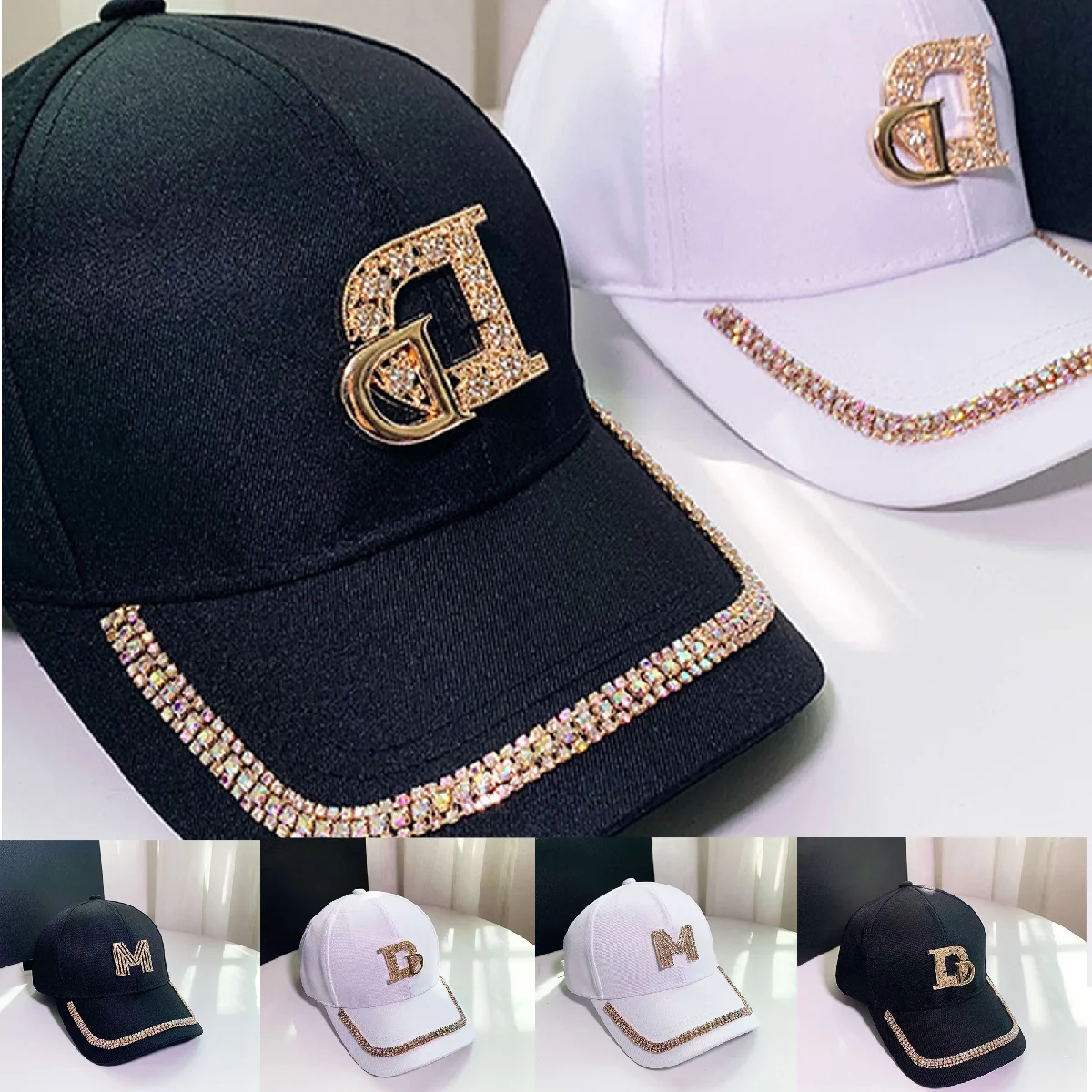 Fashion Bling Diamond D M Letter Baseball Cap For Women Summer Outdoor Sun Protection Snapback Hat Autumn Casual Ladies Caps